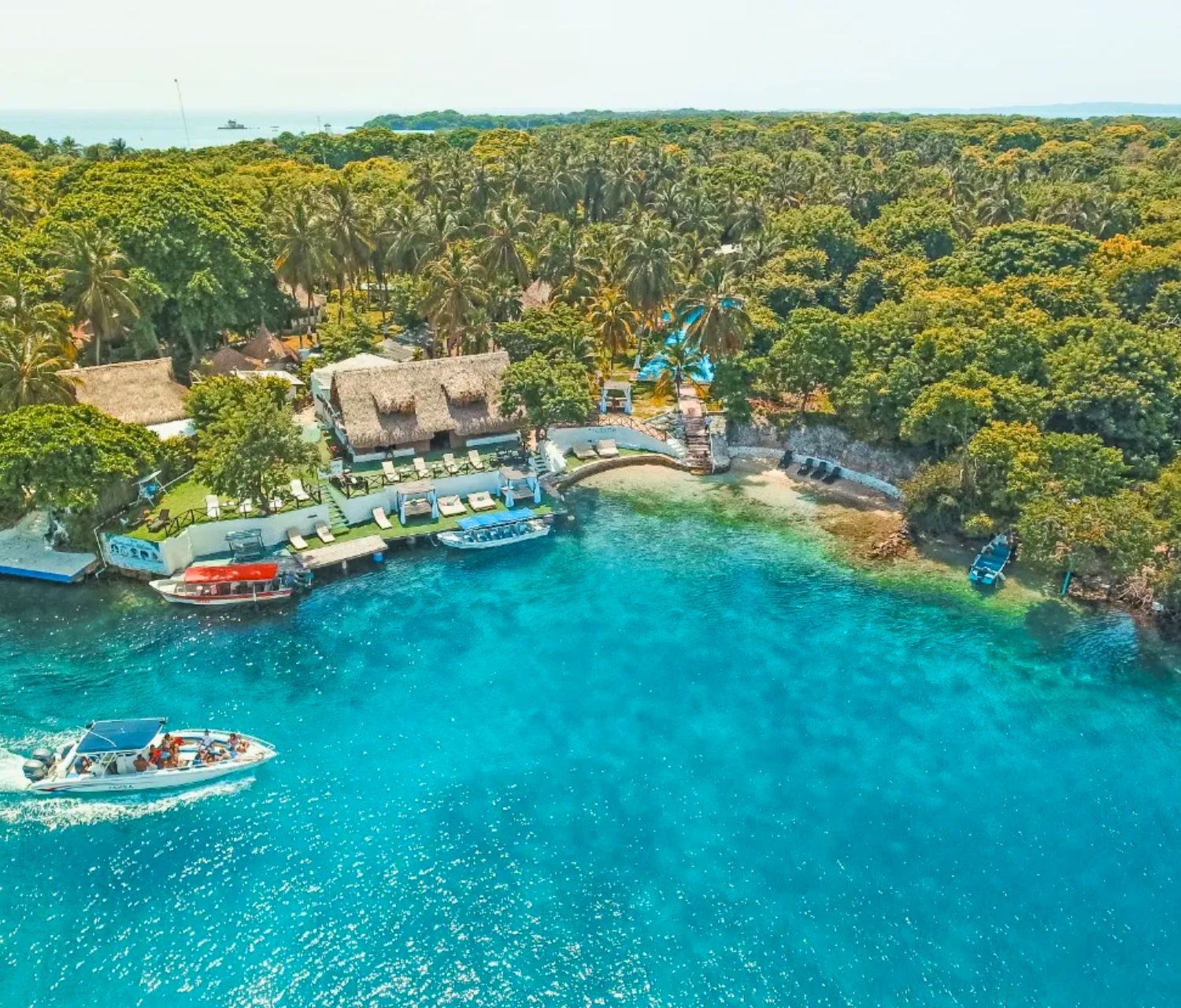 A speedboat cruising past a lush island.