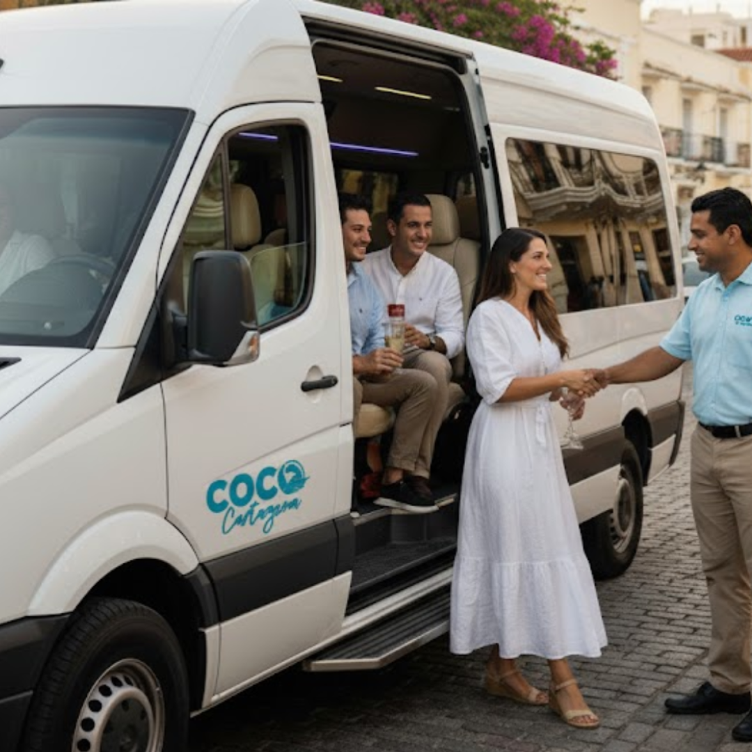 A tour guide explaining something to a small group of tourists in Cartagena.